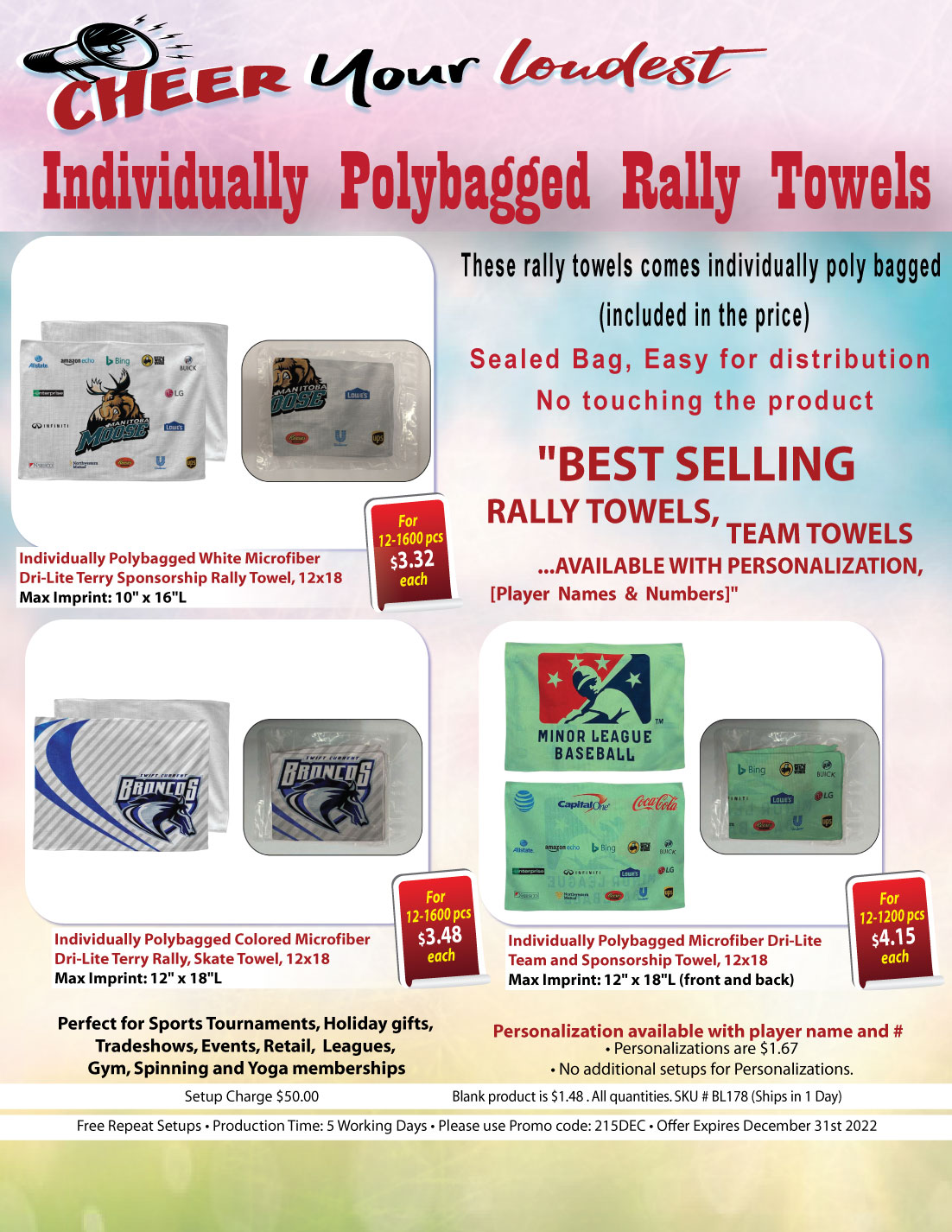 24 Hr Express Ship - Microfiber Dri-Lite Terry Rally, Sports, Skate Towel, 12x18 Sublimated 9