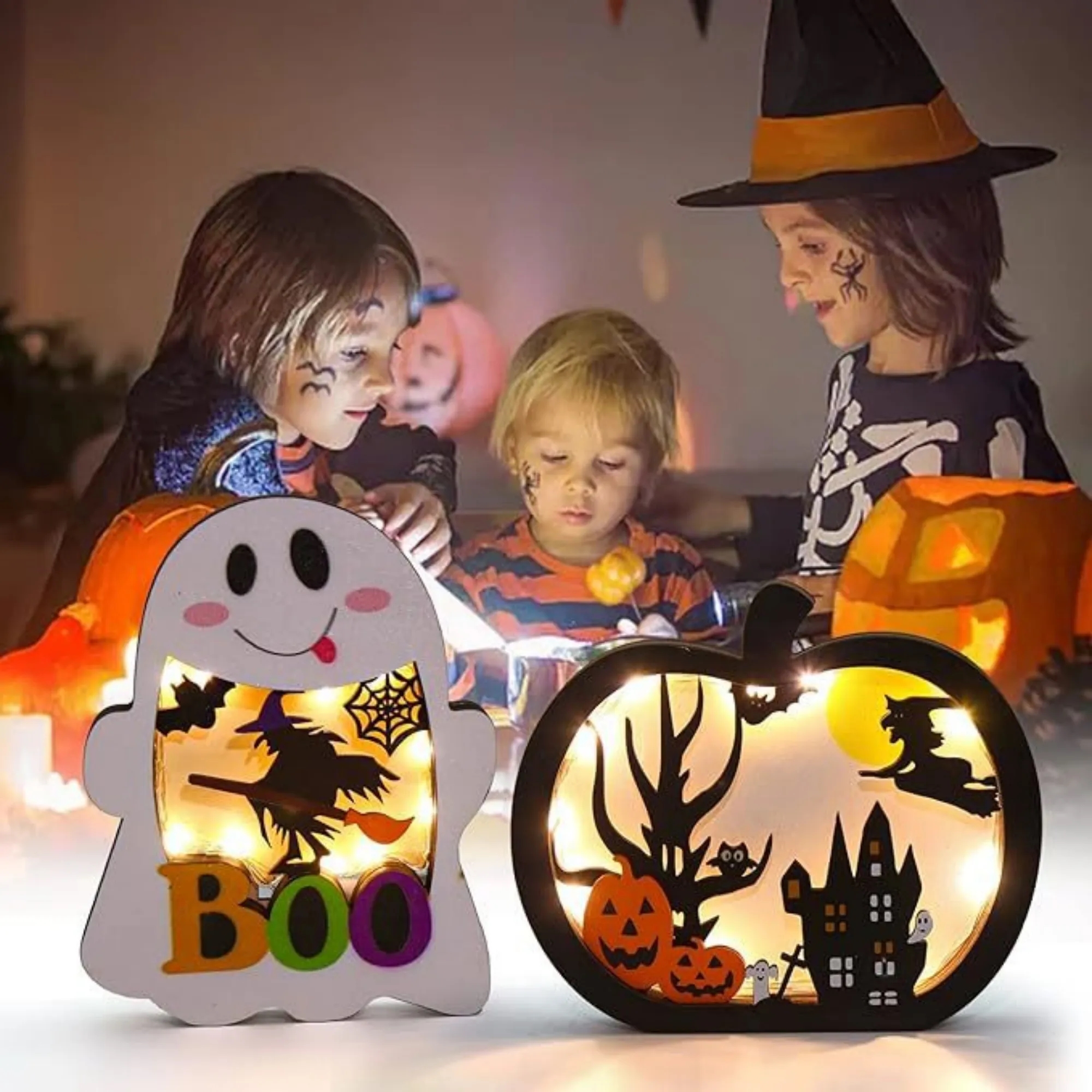 Wooden Halloween Glowing Ornament Lighted 2