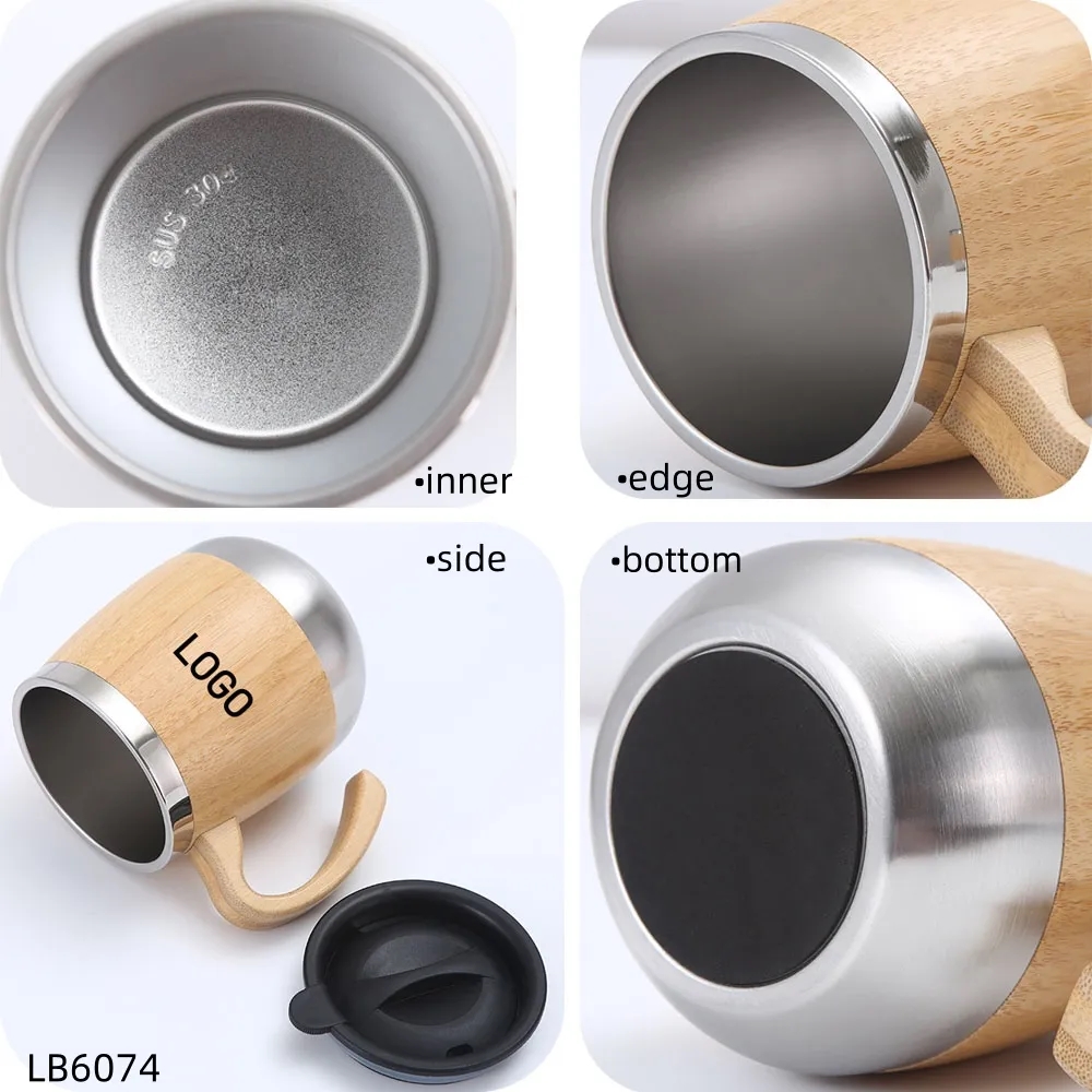 Stainless Steel Bamboo Coffee Mug Travel Tumbler with Lid 3