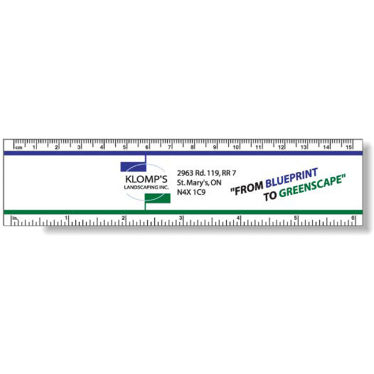 .040 White Matte Styrene Plastic 6" Rulers (1.5" x 6.25") square corners, spot colour imprint