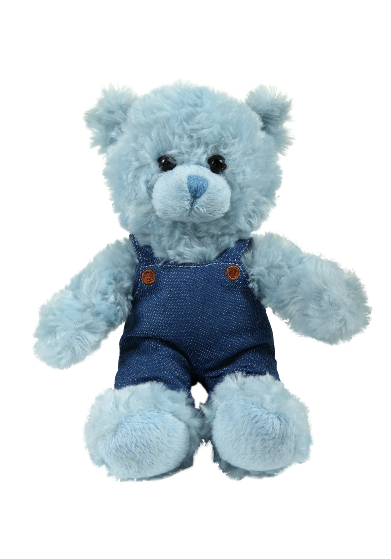soft plush Blue Curly Sitting Bear  in denim overall