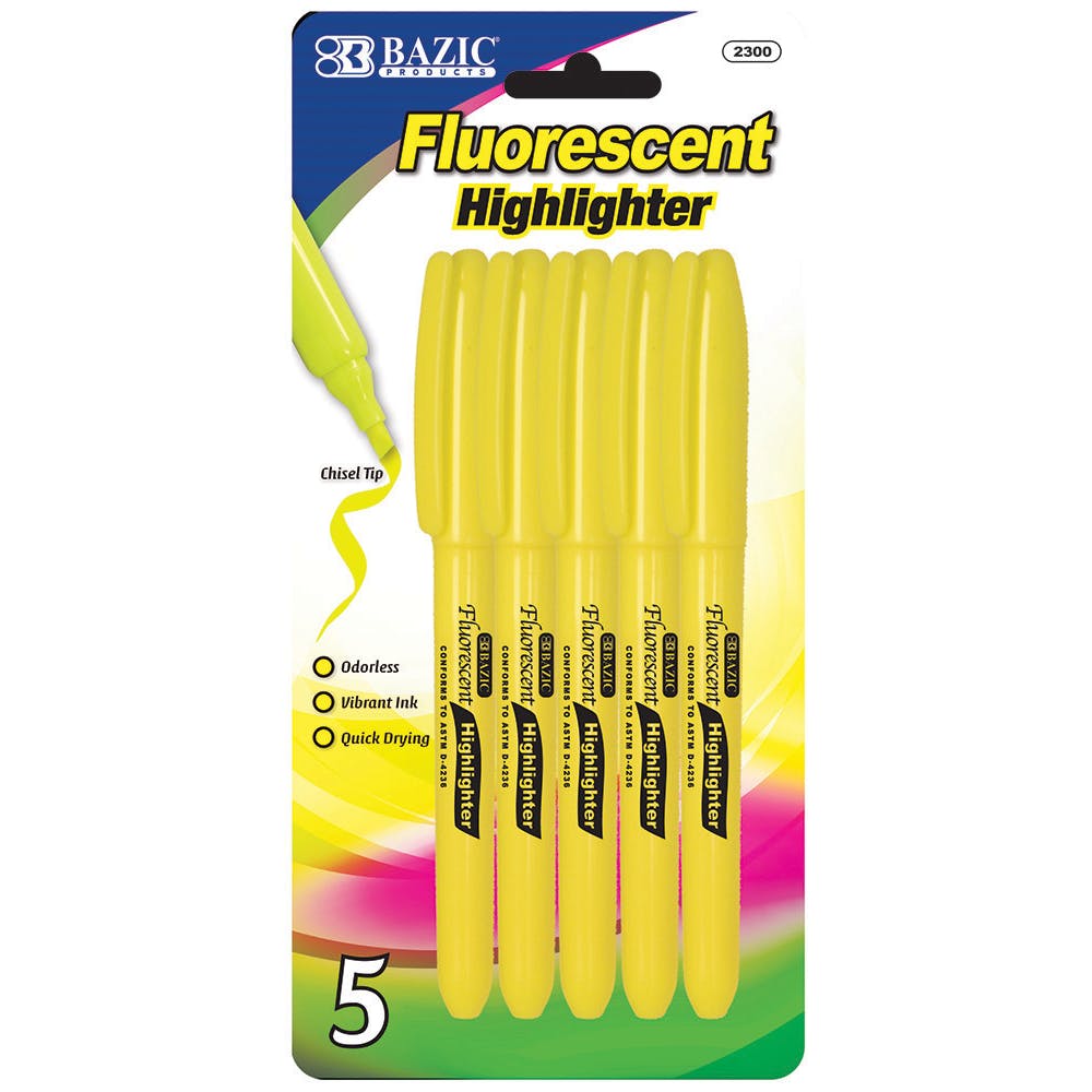 Highlighters - Fluorescent Yellow Chisel Tip 5 Pack