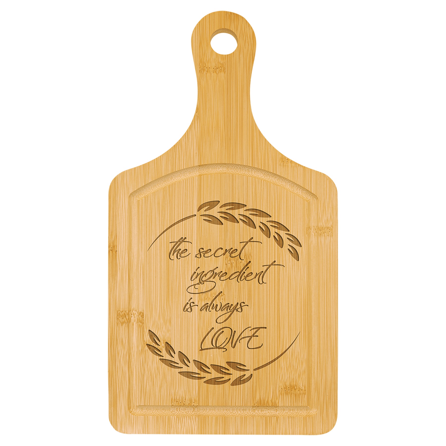 13 1/2" x 7" Bamboo Cutting Board Paddle Shape with Drip Ring 1