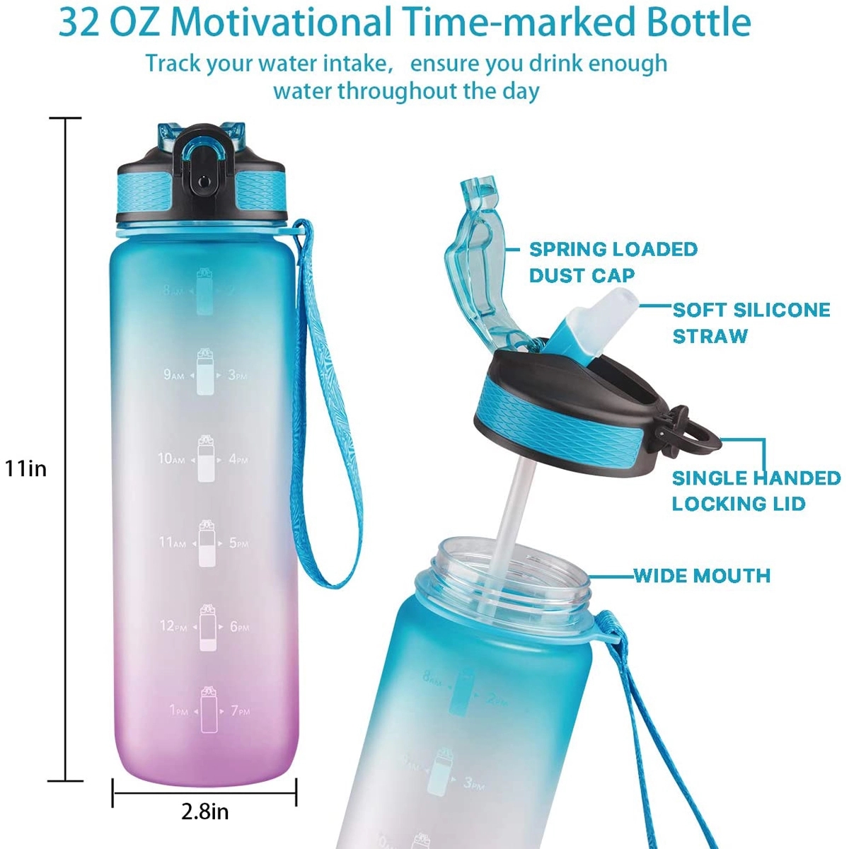 32 oz Water Bottle with Time Marker & Straw 4