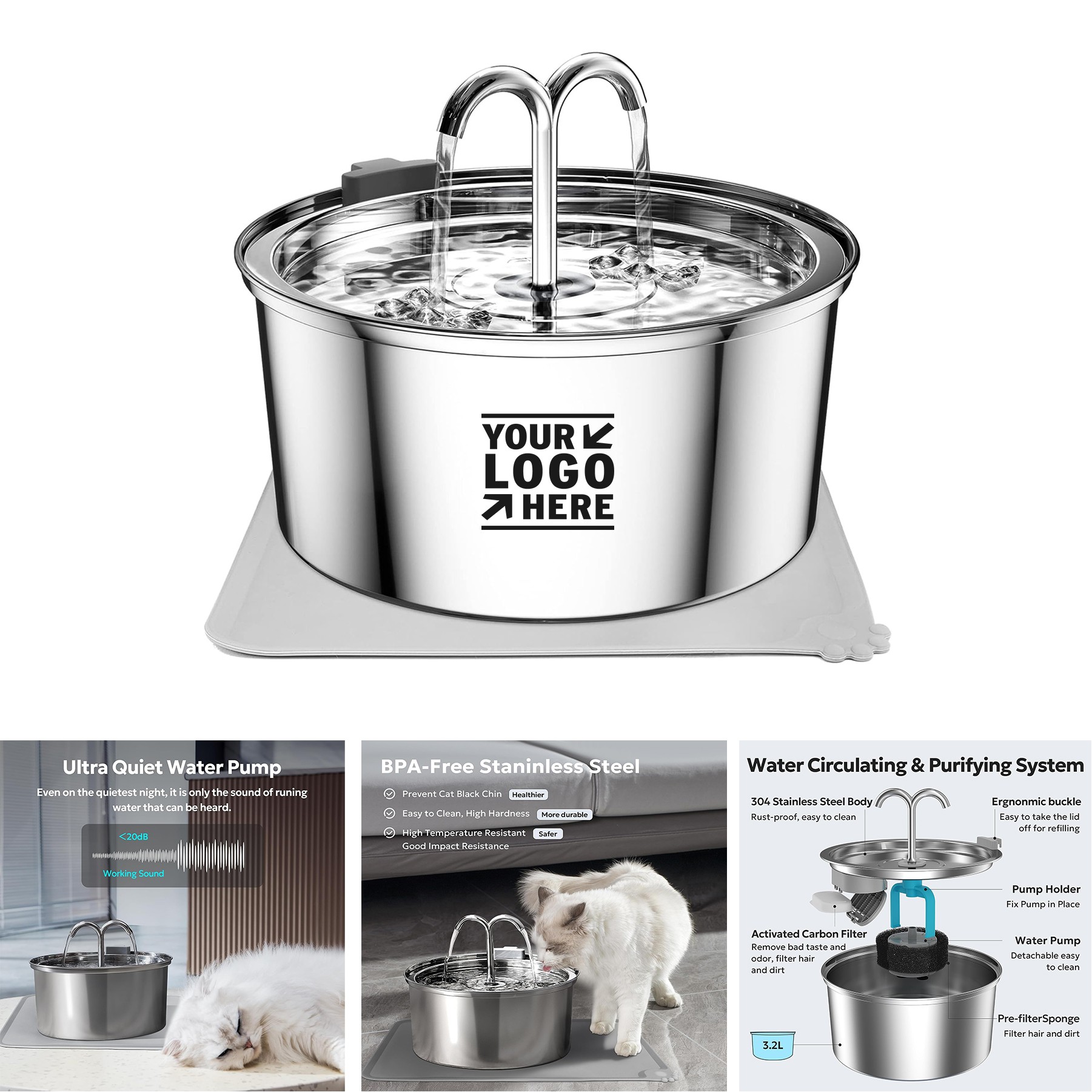 3.2L/108oz Automatic 304 Stainless Steel Pet Cat Dog Water Fountain Dispenser 2