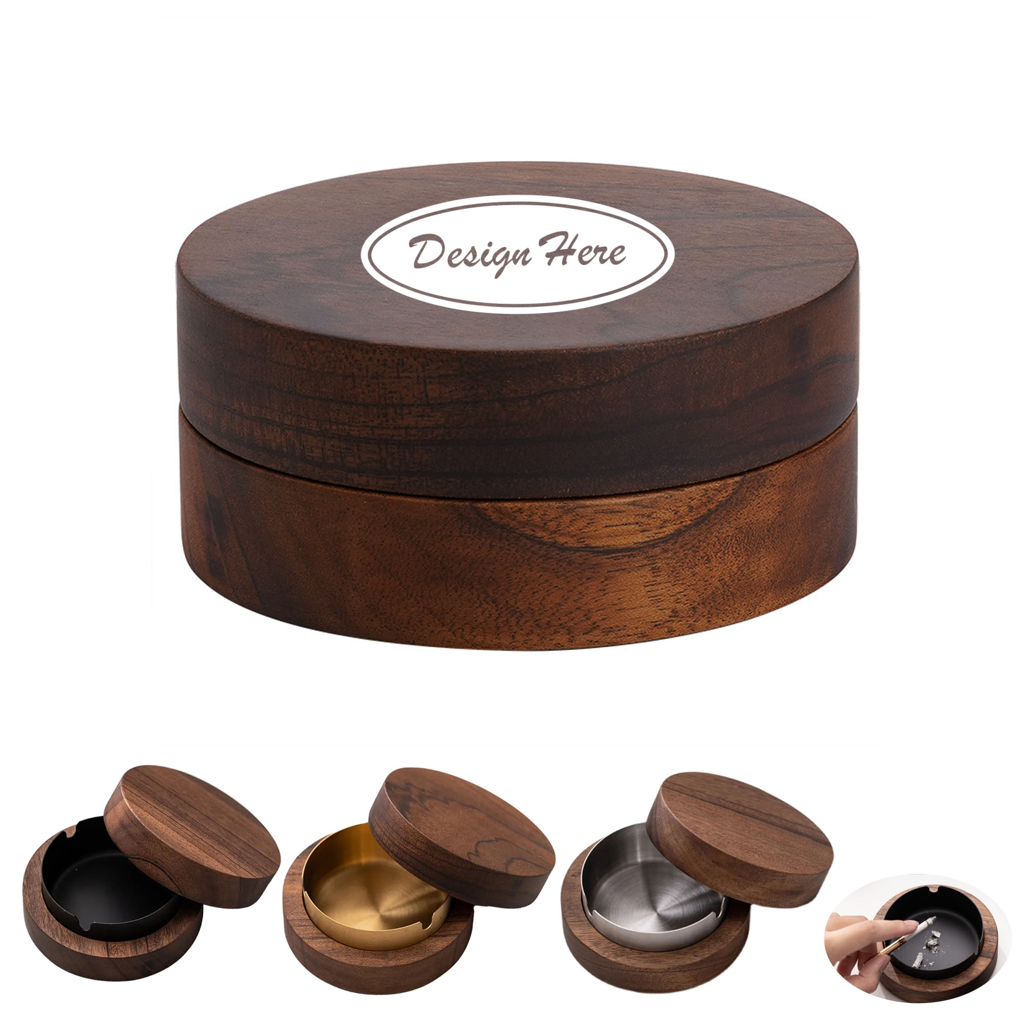 Premium Walnut Ashtray with Lid, Anti-Splash Nordic Design 2