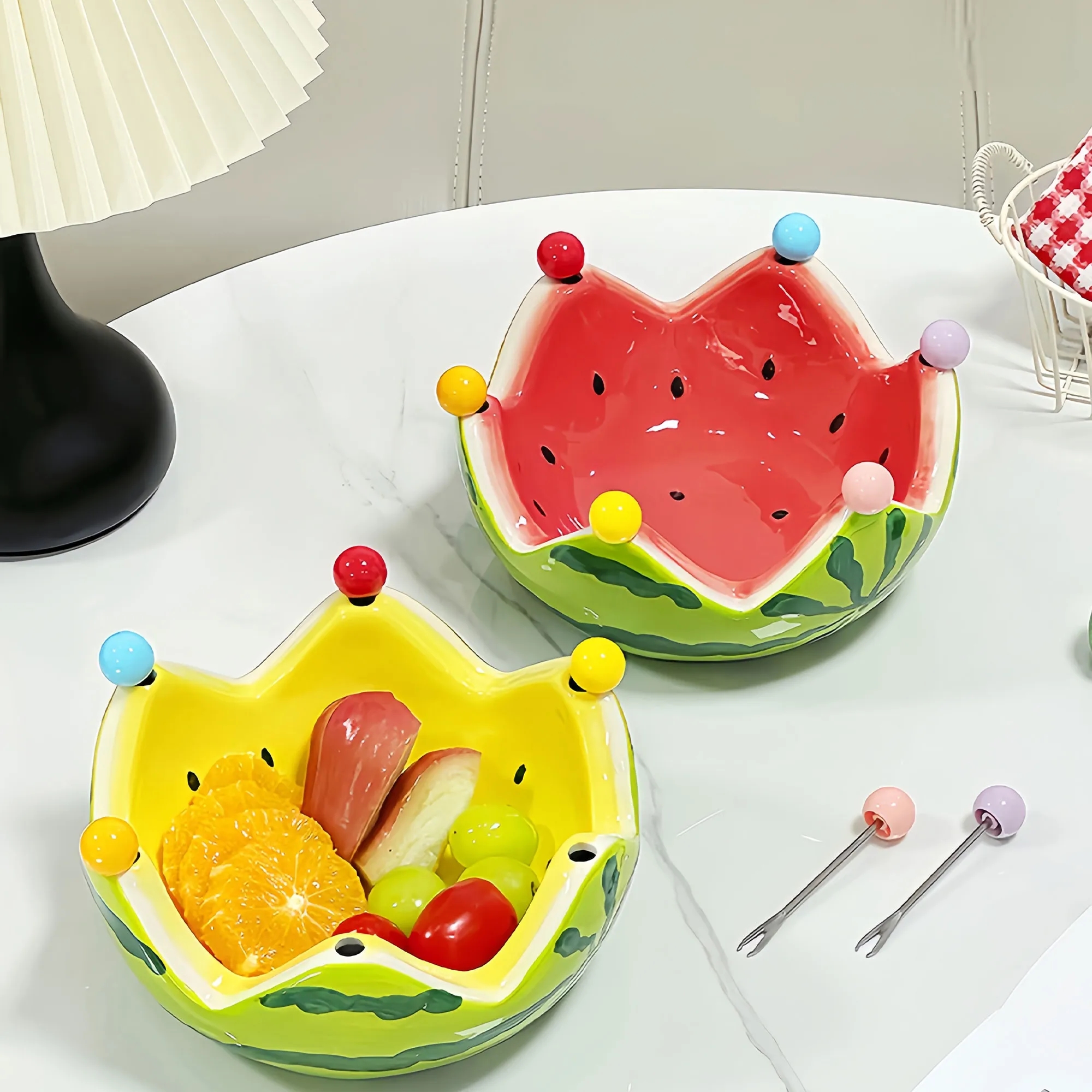 Stylish Ceramic Watermelon Bowl With Fruit Forks 3