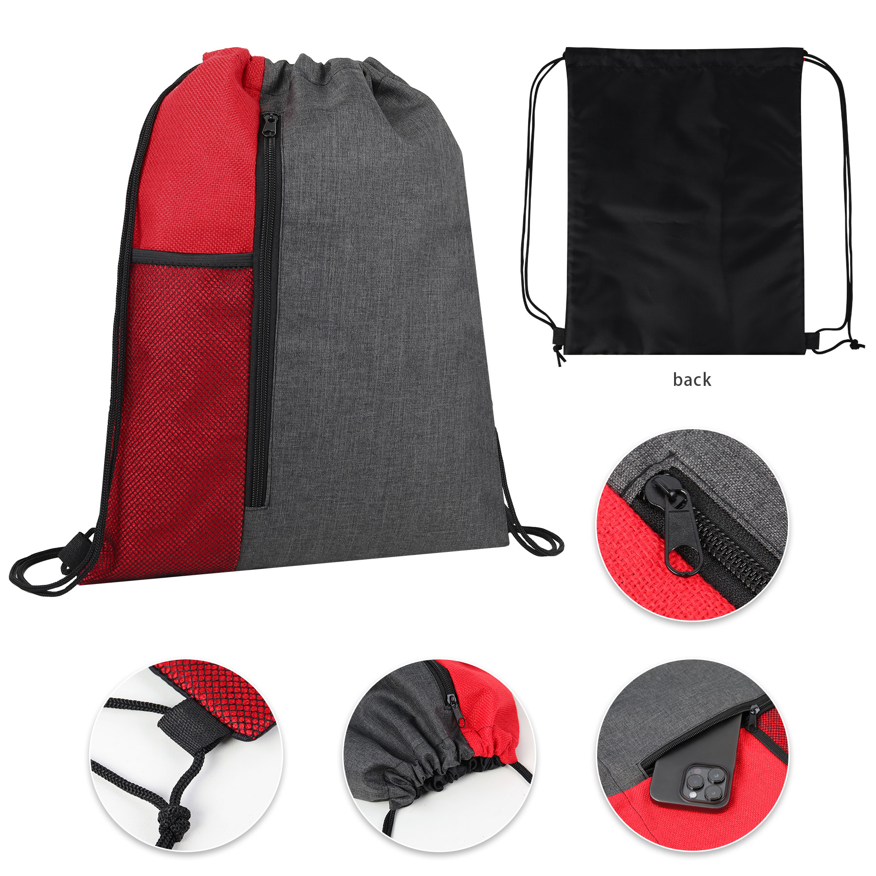 Drawstring Backpack With Front Vertical Zip Pocket And Mesh Pocket 2
