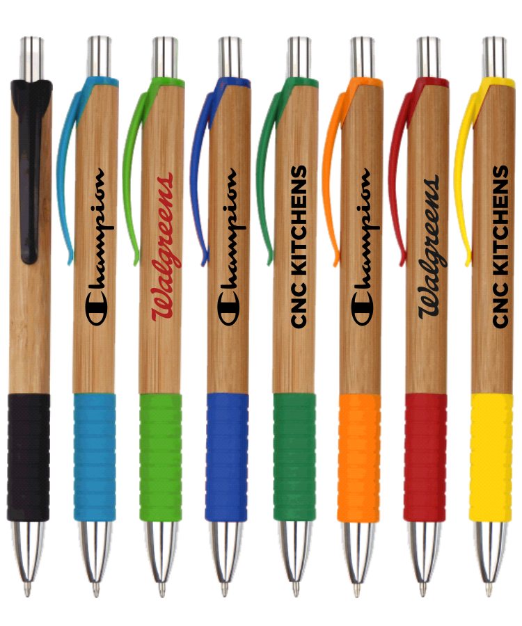 Eco Friednly - Click Action Pen - Bamboo Barrels with Solid Colored Grip and Pocket Clip 1
