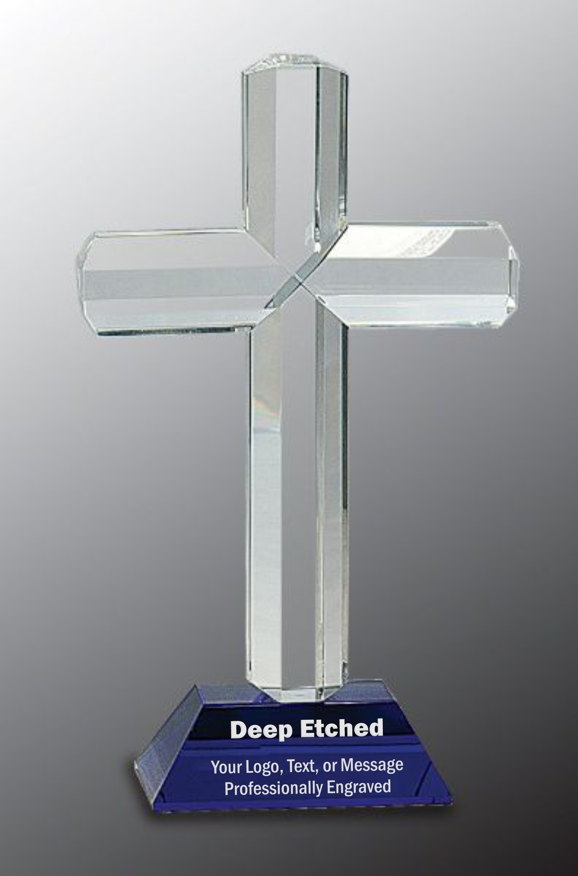 8 1/2" Crystal Cross Award on Blue Pedestal Base
