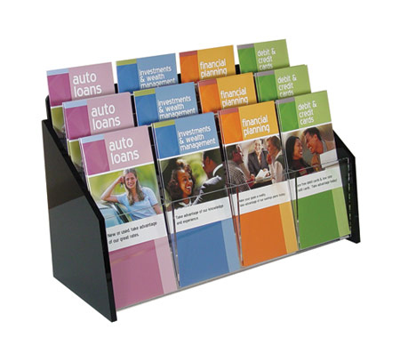 Wall Mount Brochure Holder Clear w/Black Ends 3-tier 12 pockets