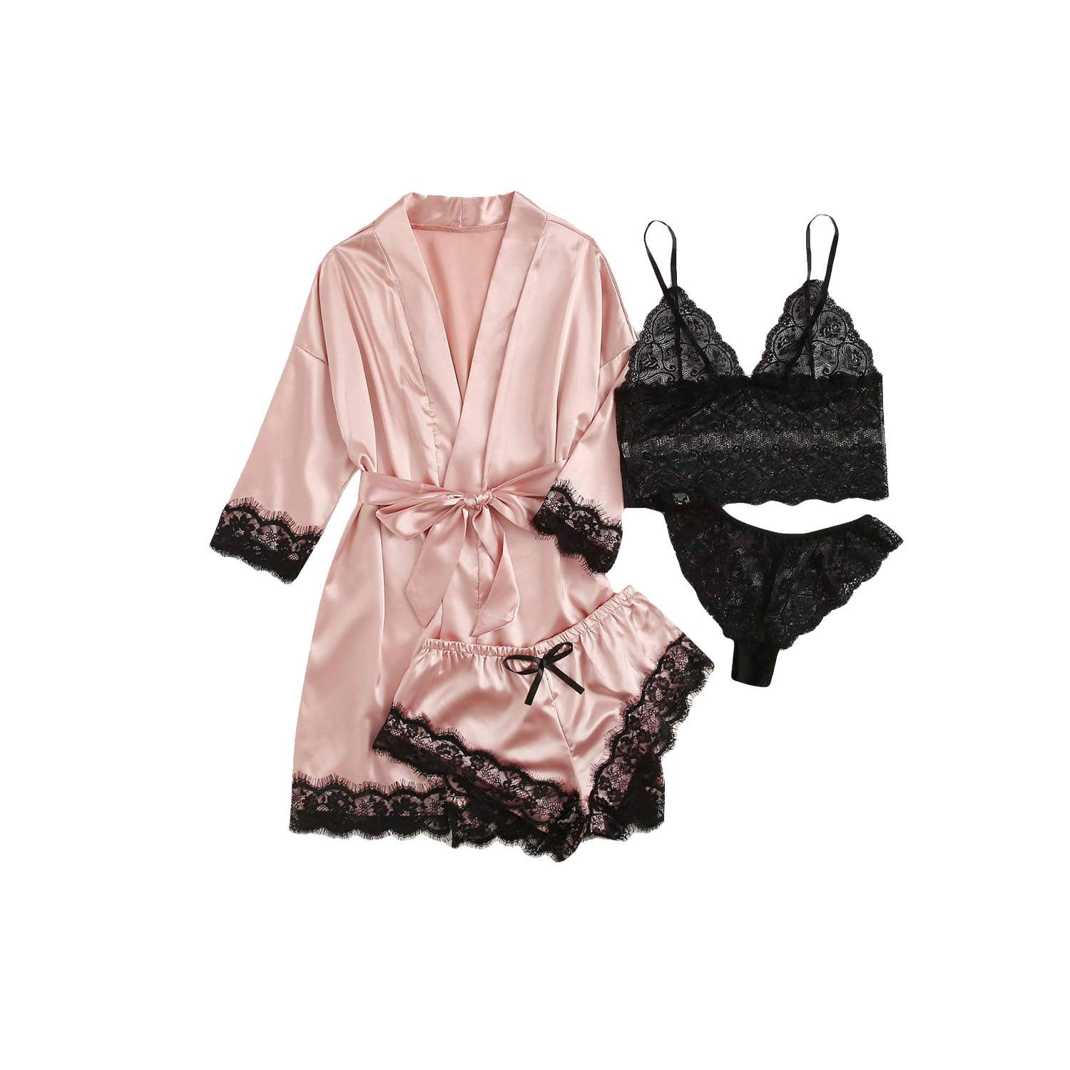 4-Piece Women Silk Soft Lace Satin Pajama Set w/ Robe 7