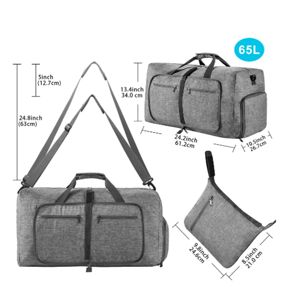 65L Duffle Bag with Shoes Compartment and Adjustable Strap 3