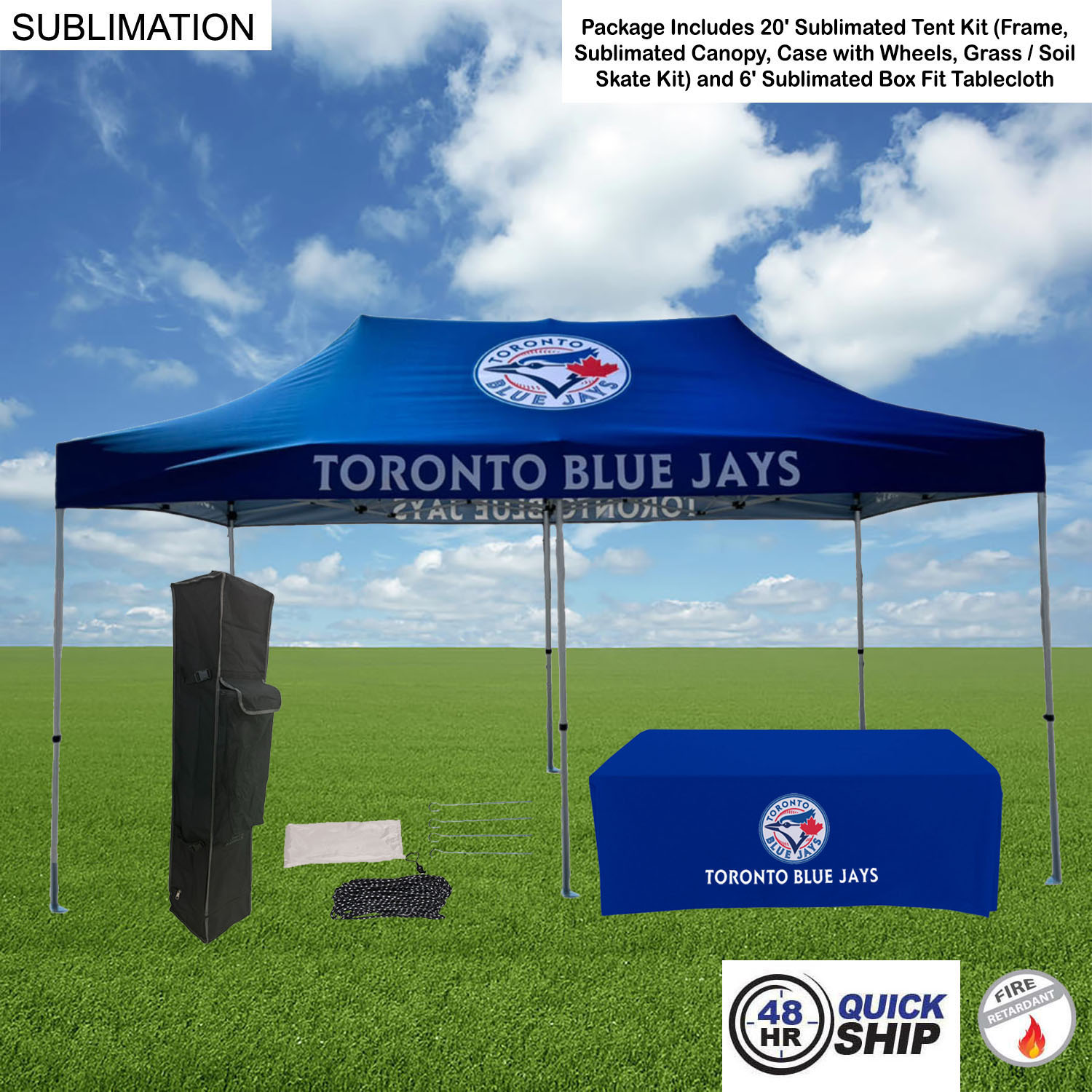 48Hr Quick Ship -Event Package, 20' Premium Sublimated Tent Kit and 6' Sublimated Box Fit Tablecloth 15