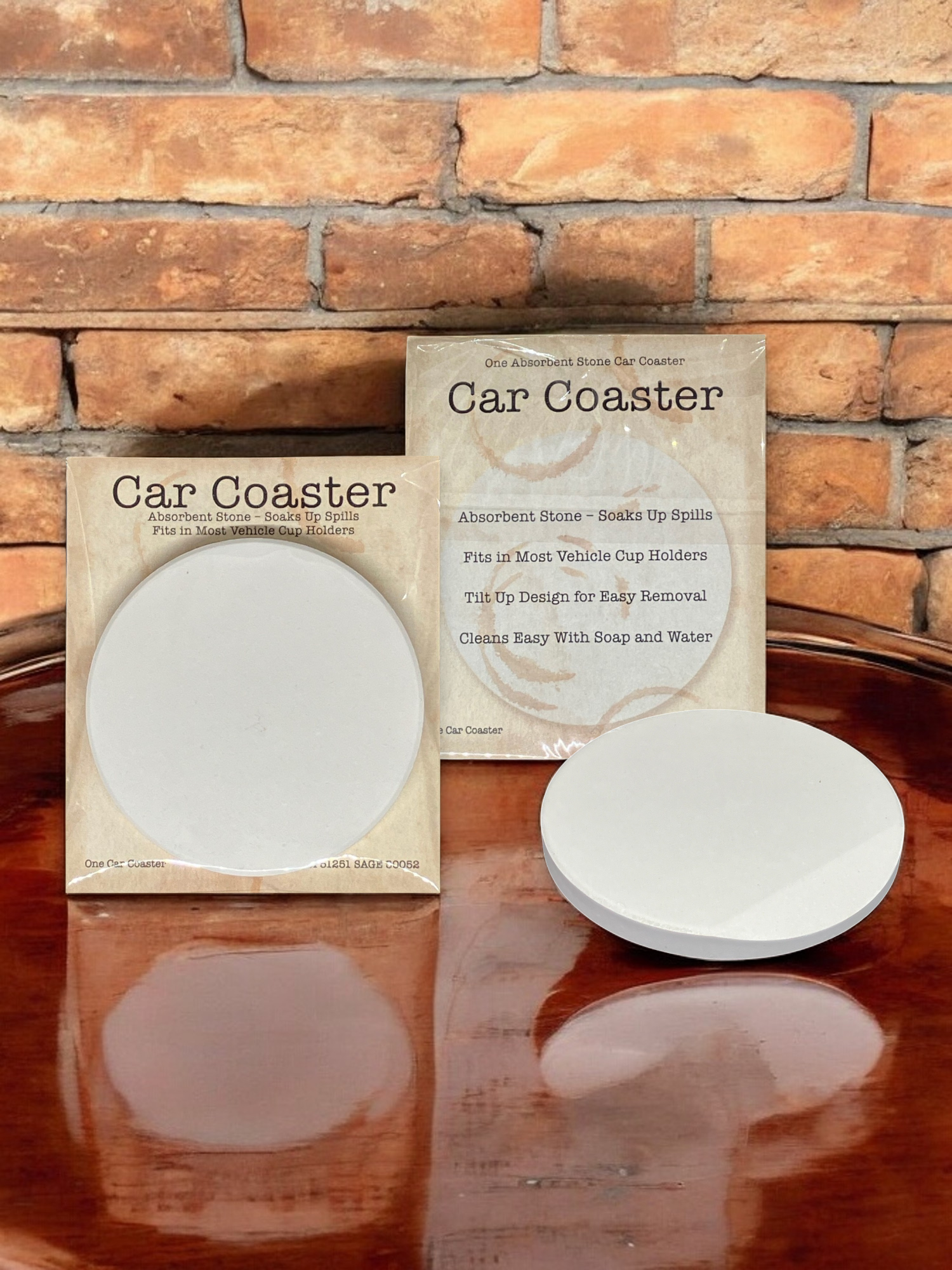 Semi-Gloss White Coated Ceramic Car Coaster in Individual Retail Packaging 2
