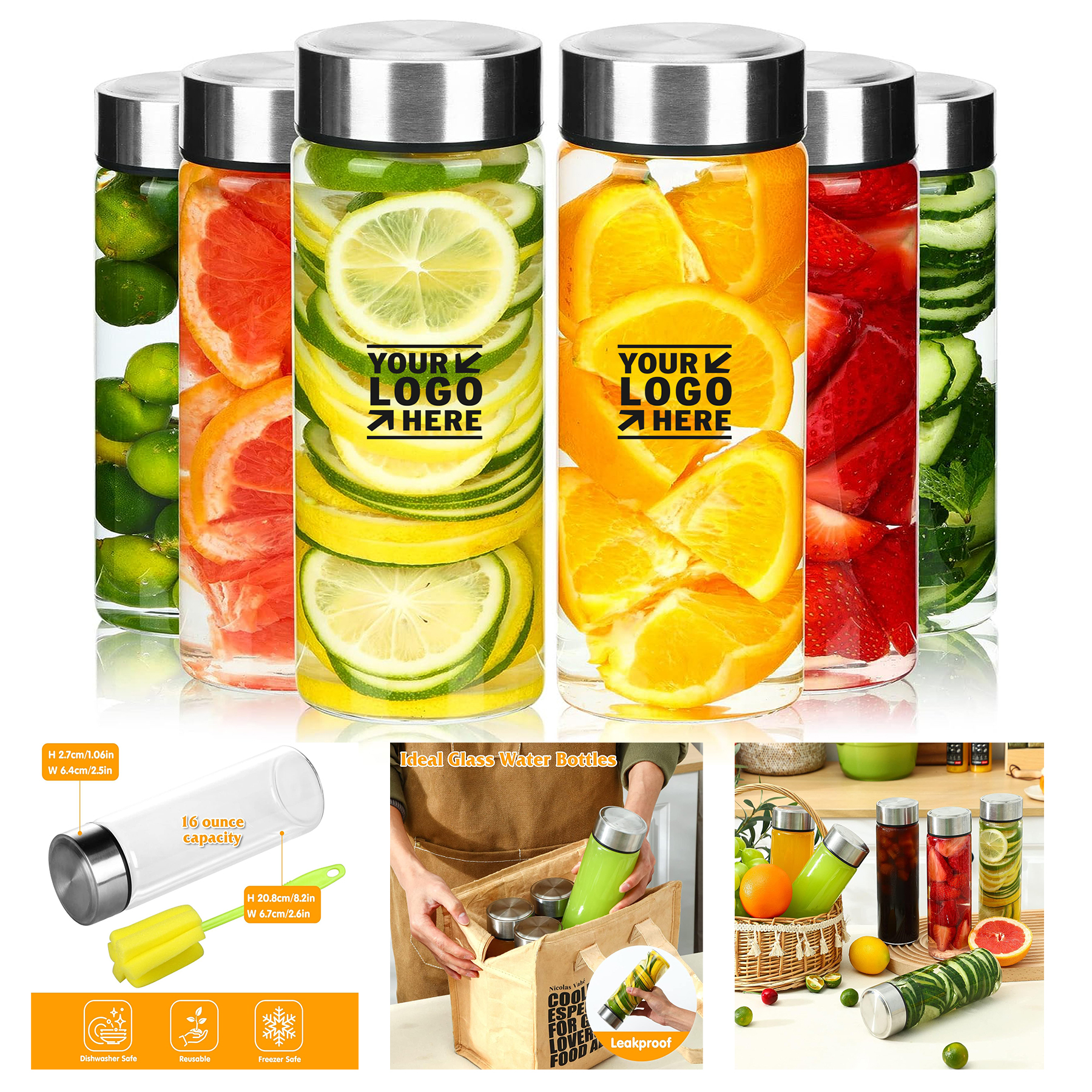 6pcs 16oz Glass Juice Water Shaker Bottle With Stainless Steel Lid 2