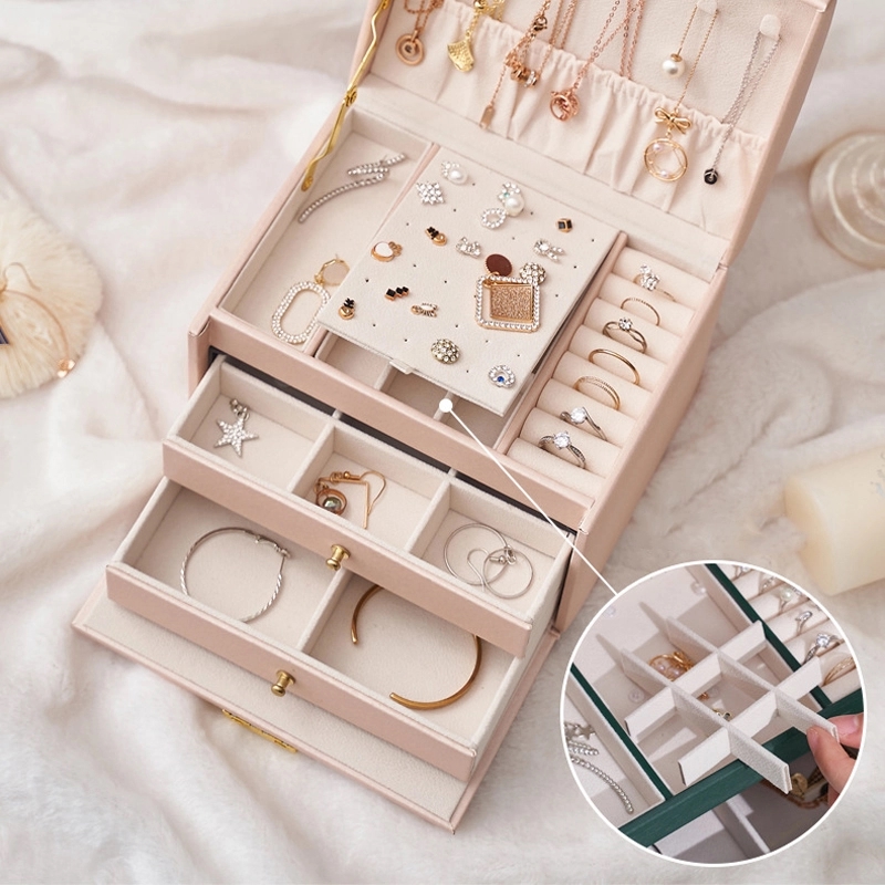 Custom 3-Layer PU Jewelry Organizer Box with Drawer & Handle 18