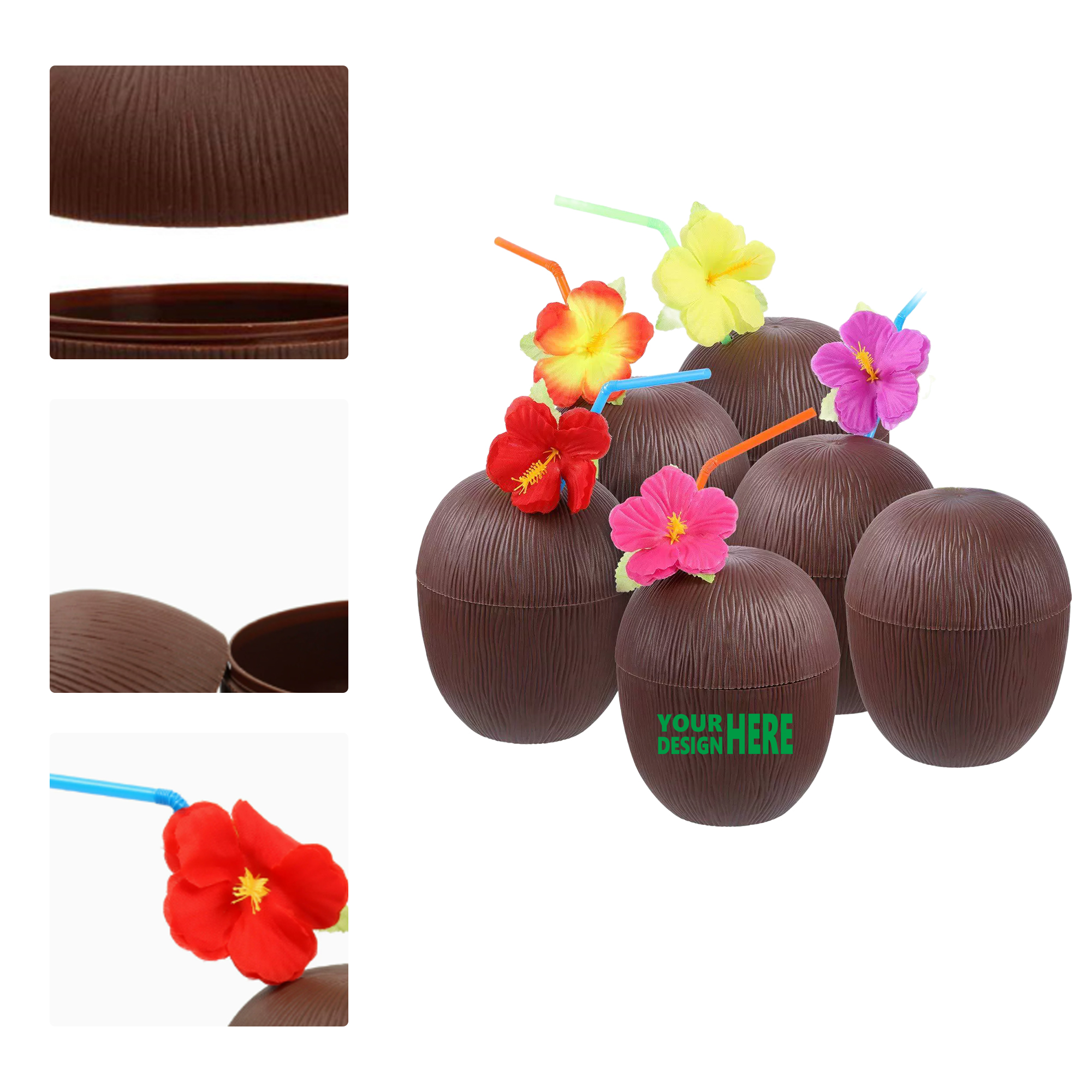 MOQ 50 Hawaiian Party Coconut Cup Pine Cup with Hibiscus Flower Straw 1
