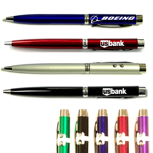 Twist action ballpoint pen with laser pointer and flashlight.
