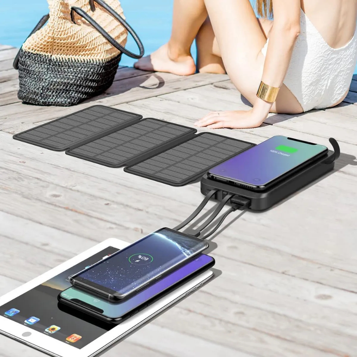Wireless Solar Power Bank w/ Flashlight Multi Port Charging 3