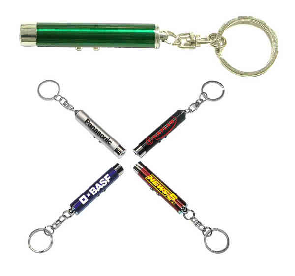 Dual function laser pointer and super bright LED flashlight with keychain.