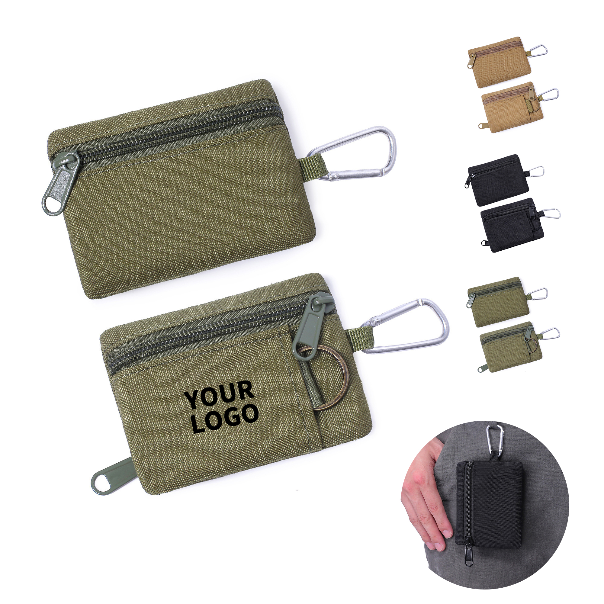 Polyester Zipper Coin Purse With Carabiner Clip Pocket Case 6