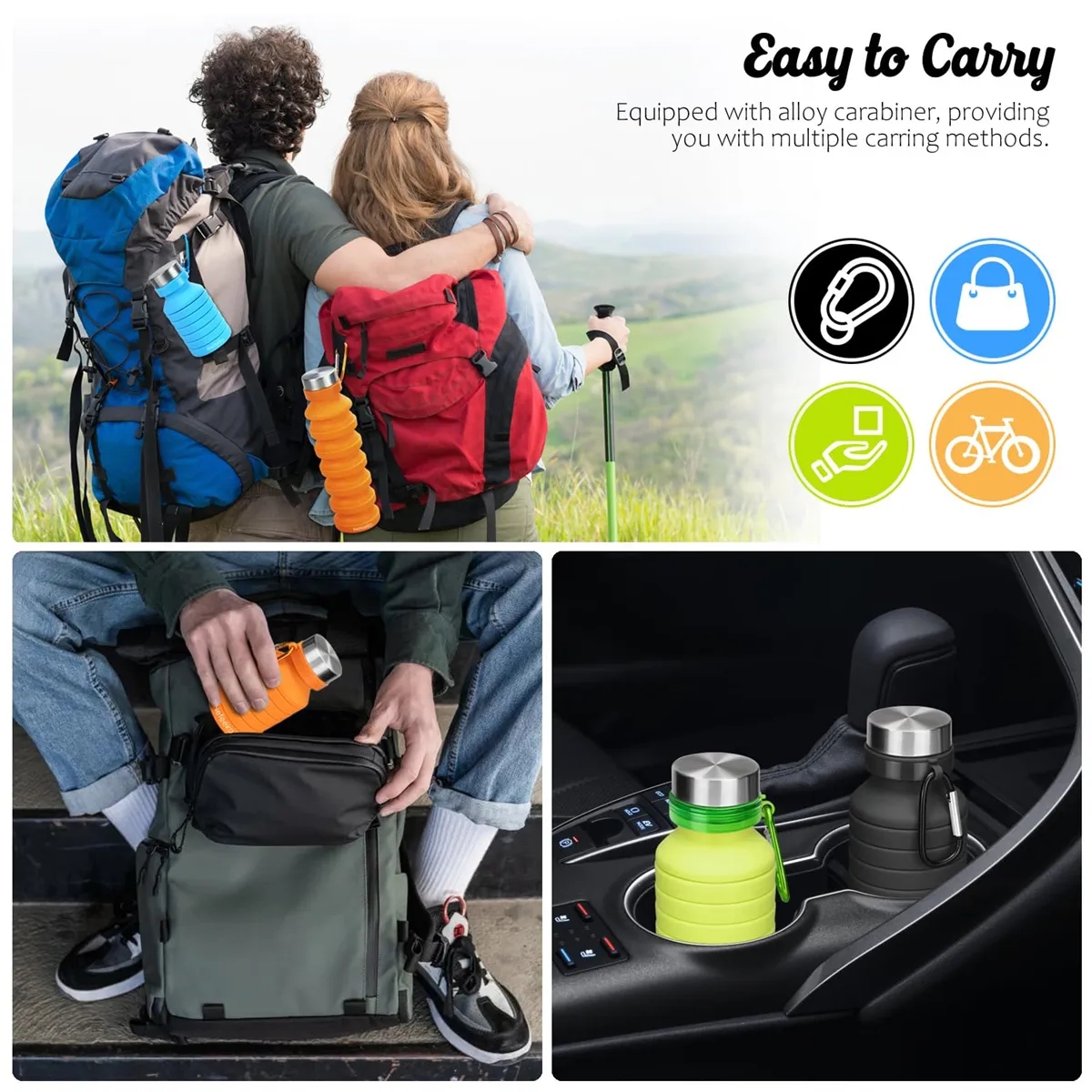 Reuseable Silicone Collapsible Water Bottle with Carabiner 4