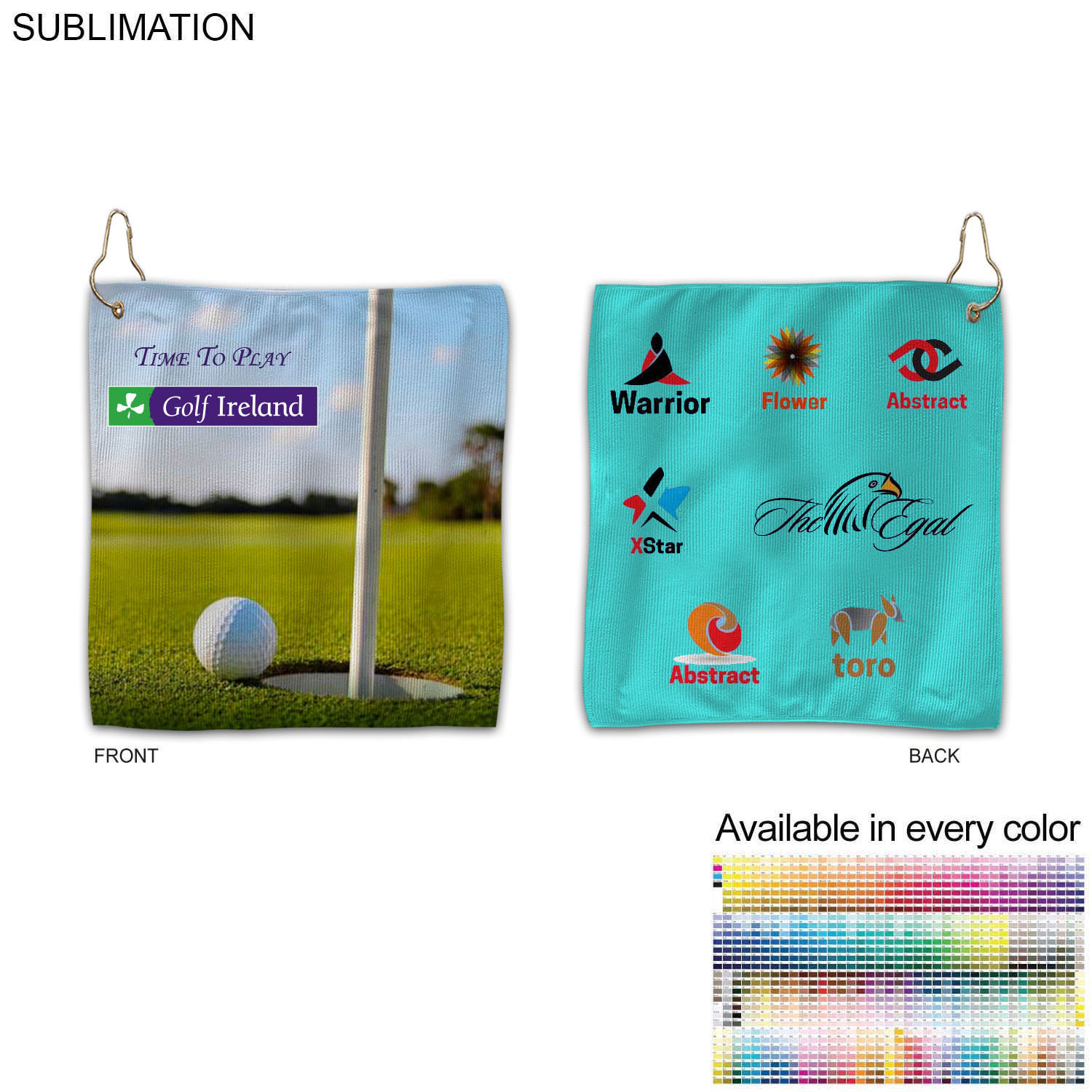 Colored Microfiber Dri-Lite Terry Golf Towel, 12x12, Nofold Grommet & Hook, Sublimated 2 sides 3