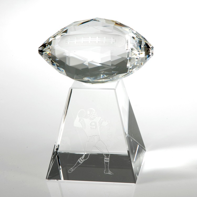 3 3/4" Faceted Football Crystal Award w/Tall Base 2