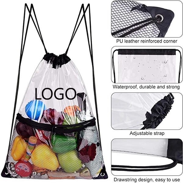 PVC Drawstring Backpack with Front Zipper Mesh Pocket 2