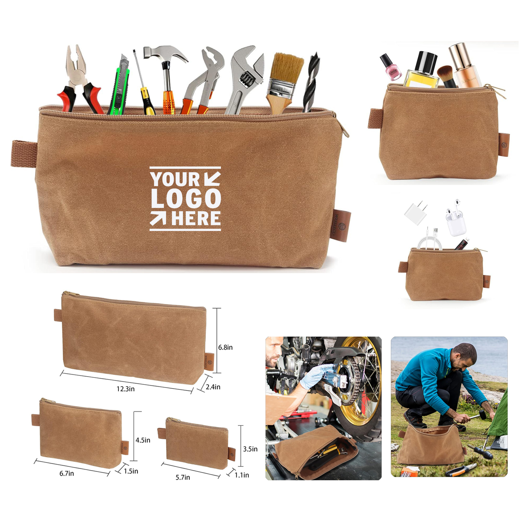3 Pack 16OZ 5.7/6.7/12.3 Inch Waxed Canvas Zipper Bag Pouches Small Tool Organizer 