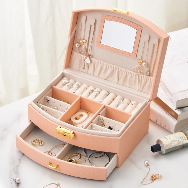 Custom 2-Layer PU Jewelry Organizer Box with Drawer & Mirror 12