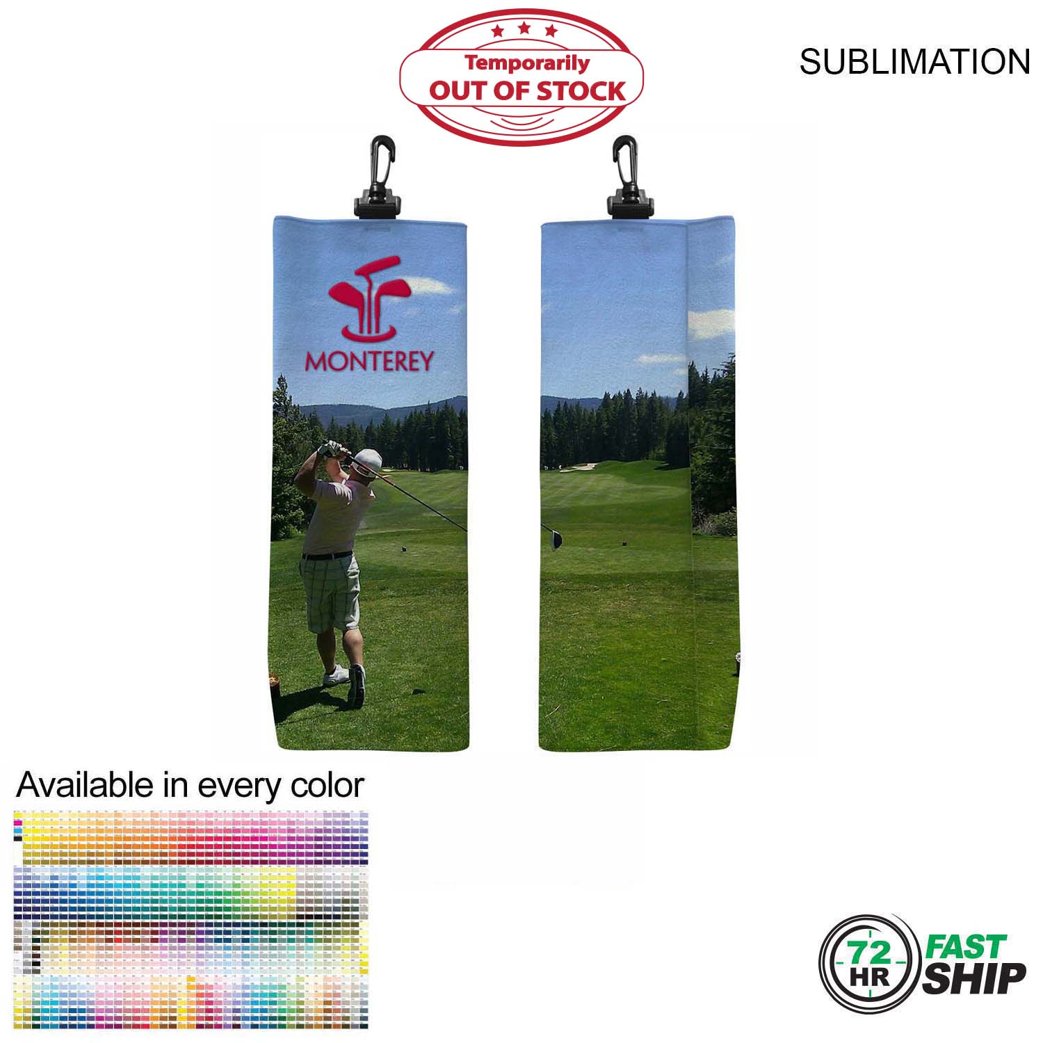 72 Hr Fast Ship - Microfiber Suede Shammy Golf Towel, Finished size 6x15, Trifold, Sublimated 1