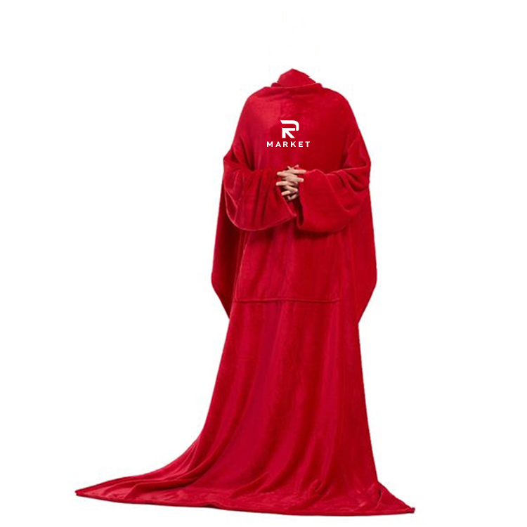 Large Fleece Plush Sleeved Wrap Robe Blanket functional wearable blanket with sleeves 2