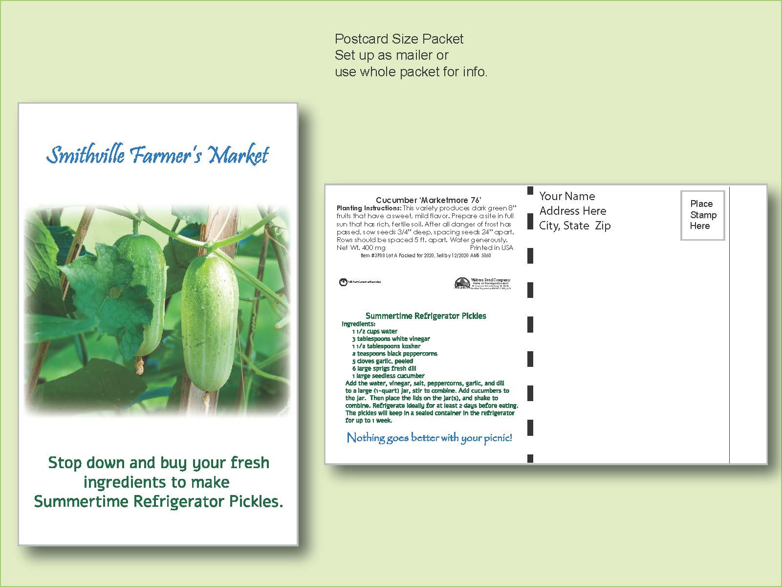Cucumber Seed Packet - Postcard Mailer Size 4" x 6.5" 2