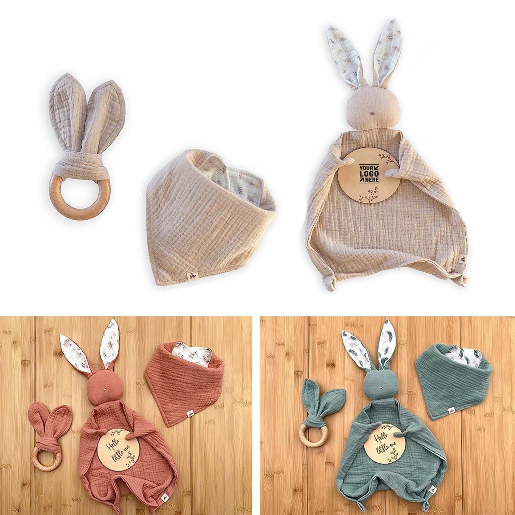 Lovey Cotton Blanket Bib Wooden Teether Baby Announcement Sign Newborn Gift Set