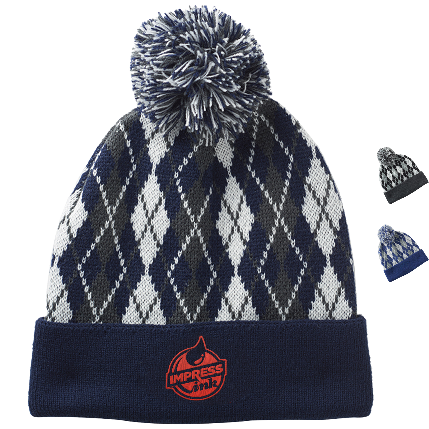 Knitted Pompom Beanies with a Diamond Pattern Design 2