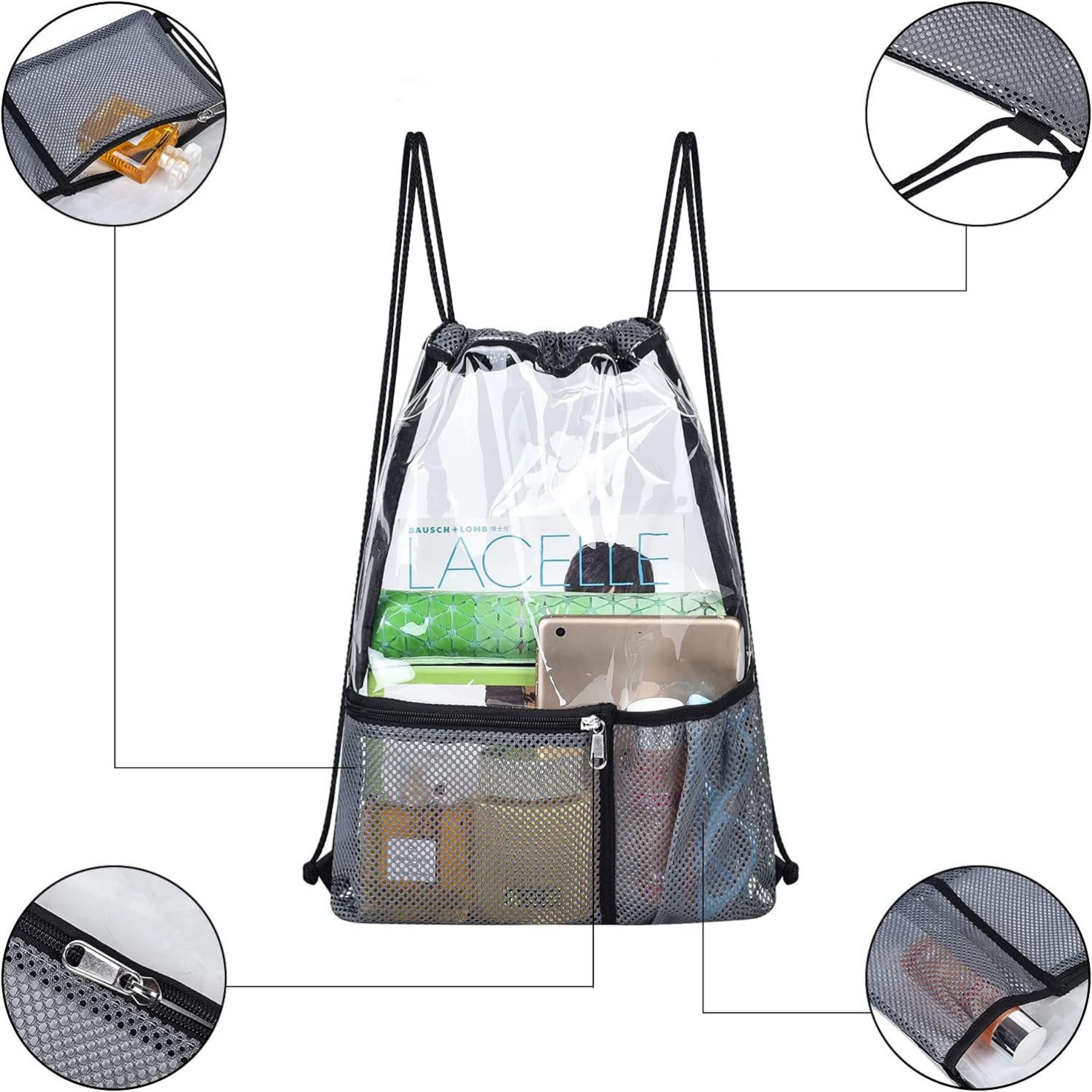 Clear PVC Drawstring Backpack Bag with Front Zipper Mesh Pocket 2