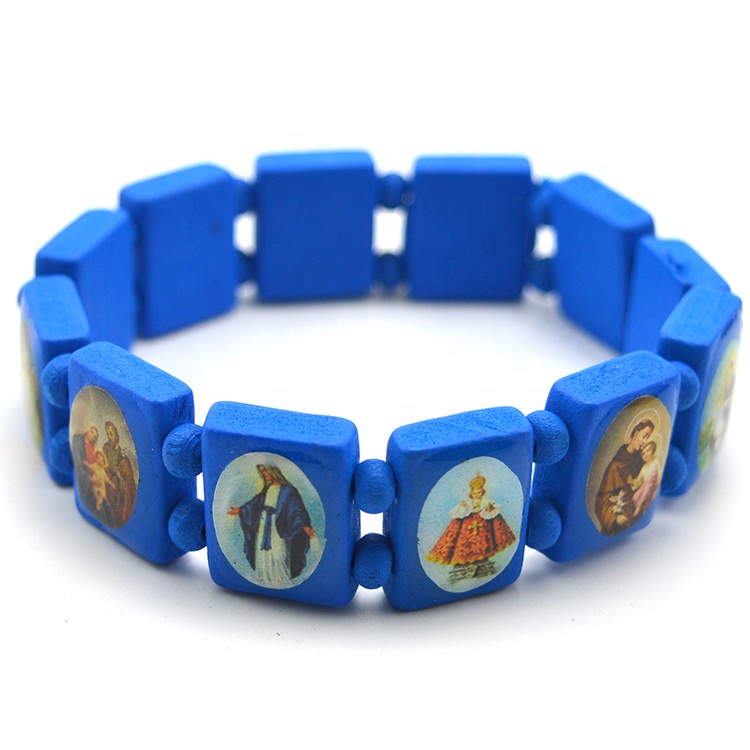 Square Wood Beads Rosary Bracelet With Holy Saints Picture 3