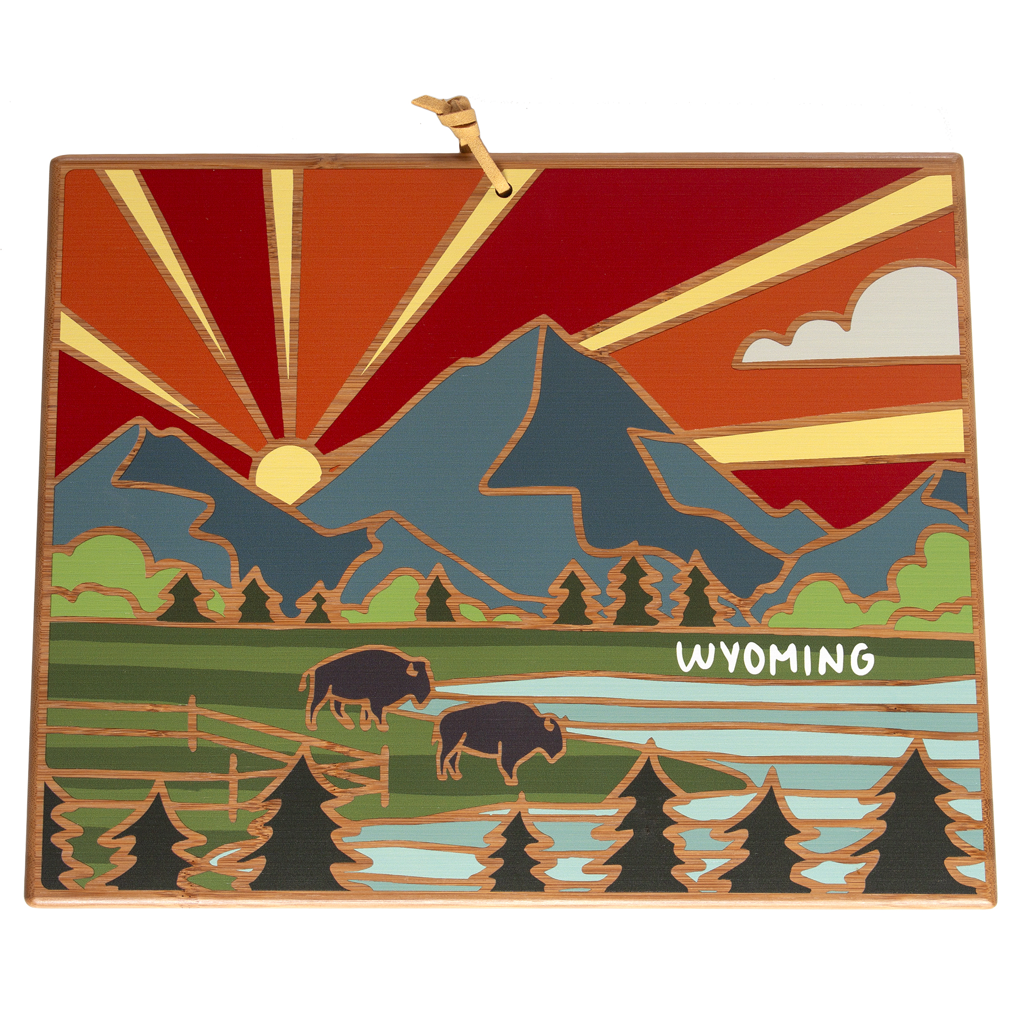 Wyoming State Shaped Serving and Cutting Board with Artwork by Summer Stokes