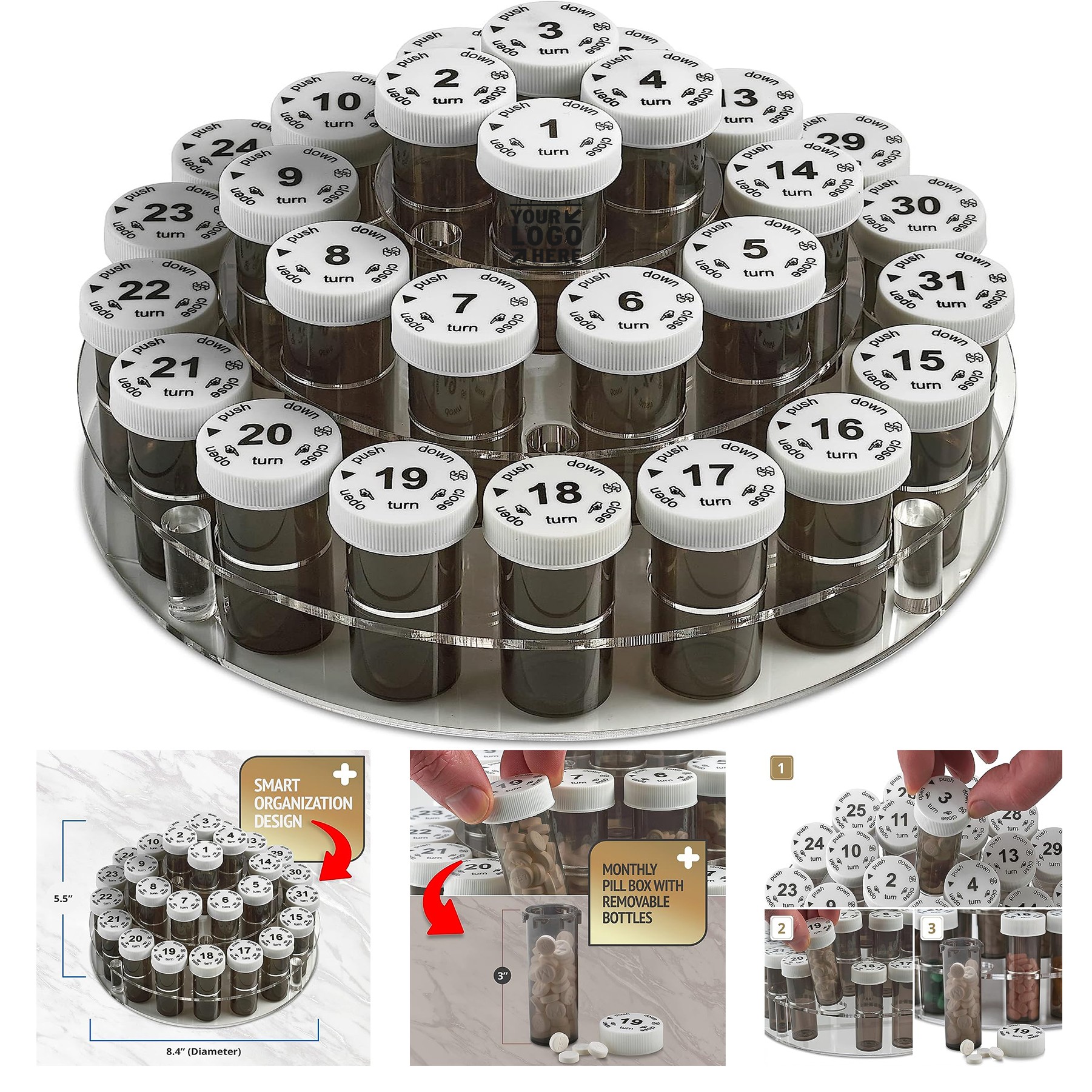 31 Numbered Full Size Monthly Pill Bottle Medication Vitamins Organizer with Childproof Lids 1