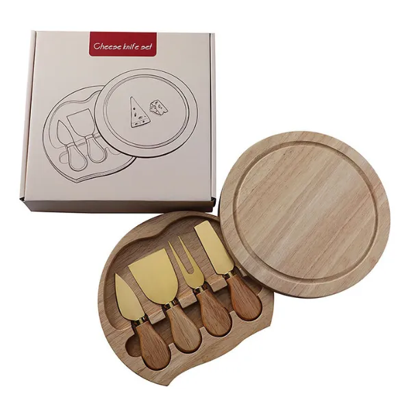 4-Piece Cheese Knife Set with Round Rubberwood Box 2