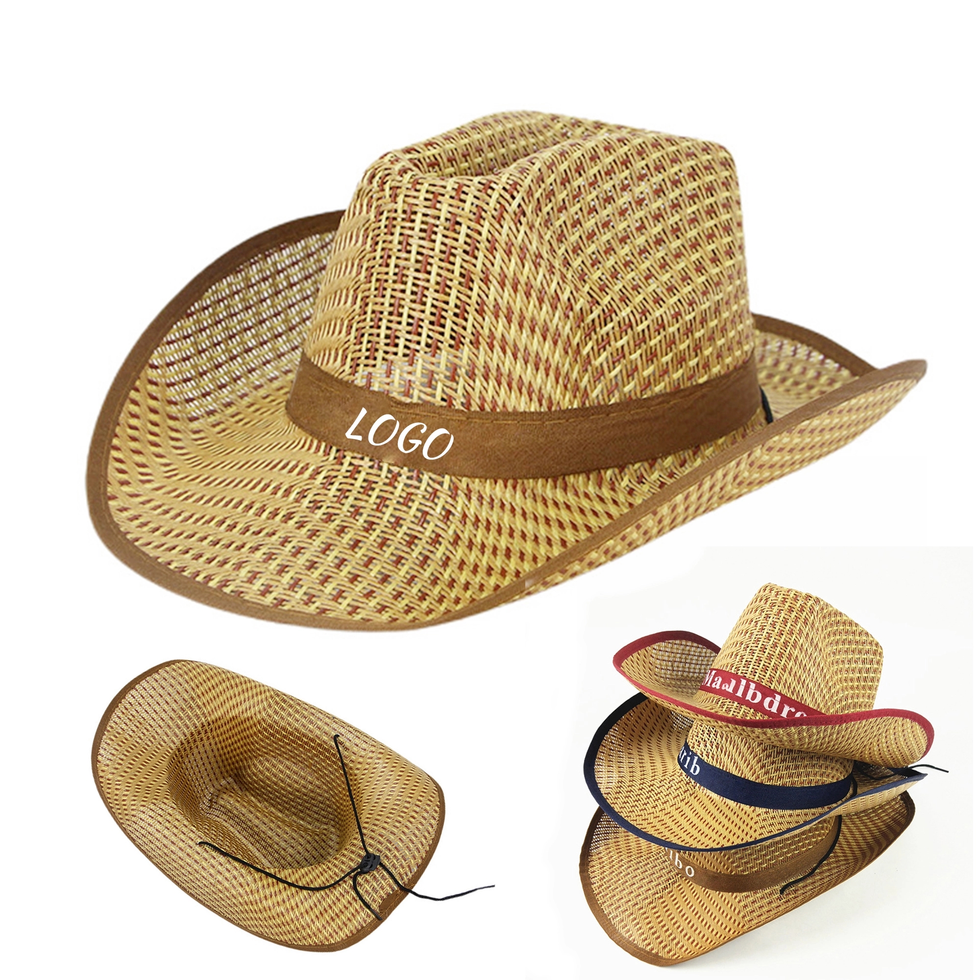 Adult Western Straw Cowboy Hat With Hatband 1