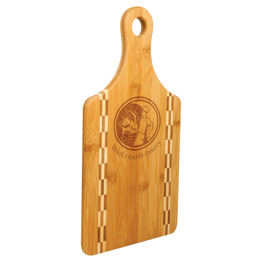 13 1/2" x 7" Paddle Shaped Bamboo Cutting Board with Butcher Block Inlay 2