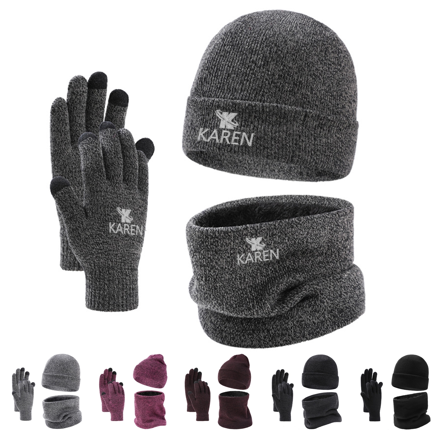 3 Pieces Winter Hat Scarf Set And Touchscreen Gloves 2