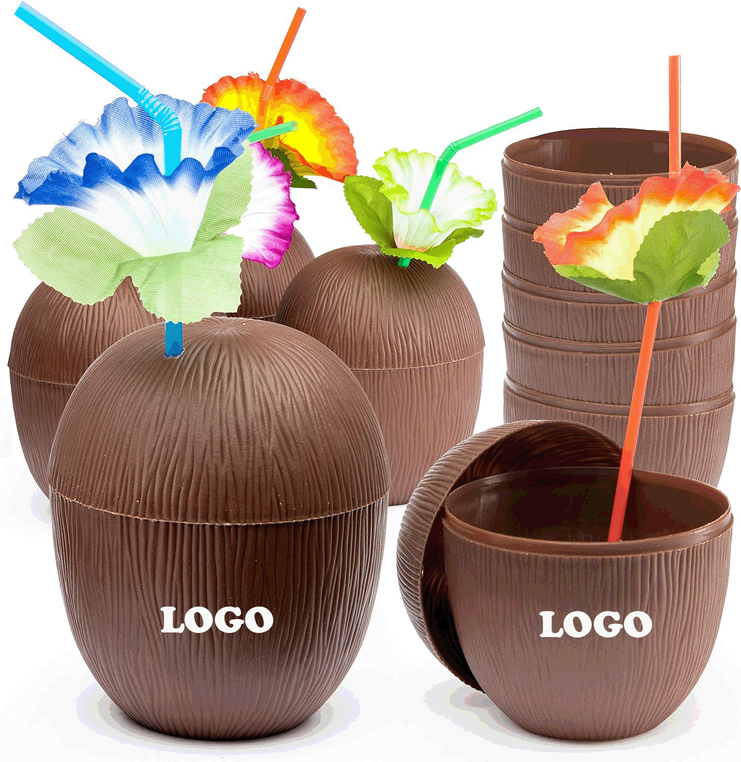 Hawaiian Themed Coconut Cups with Flower Straws & Twist Close Lids 1