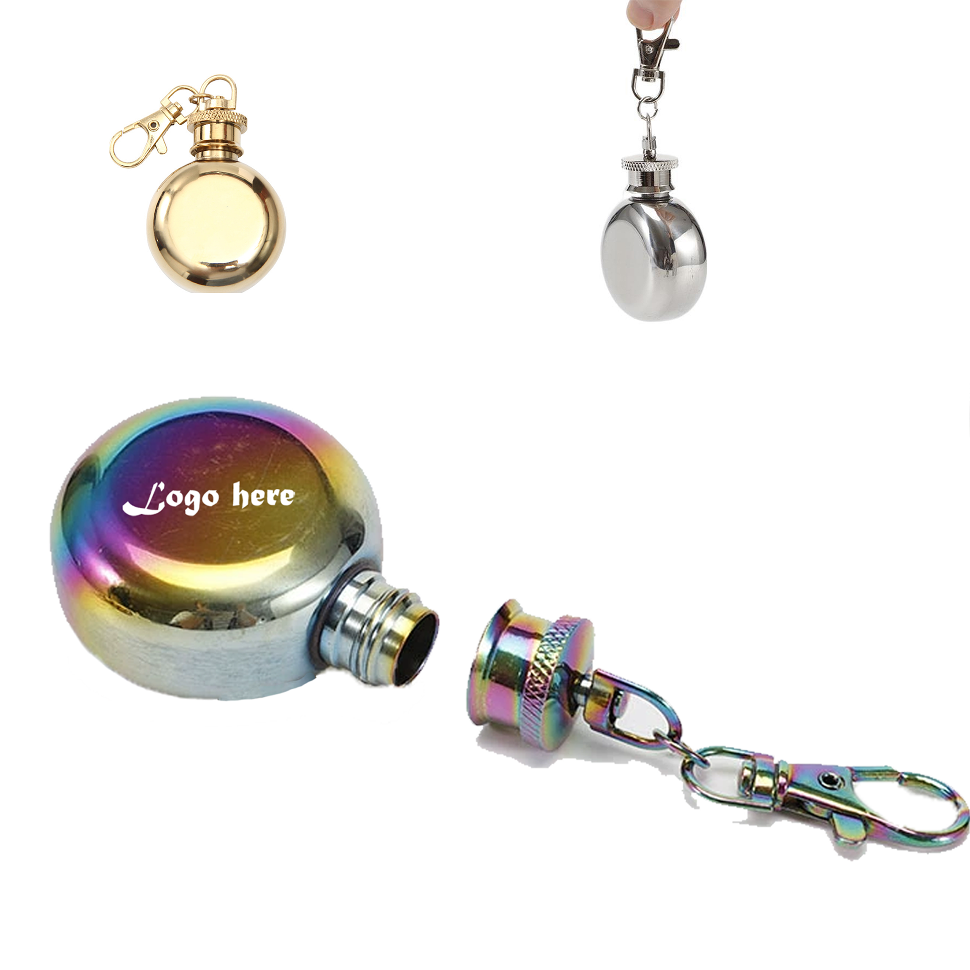 Portable 1 Oz Round Flask With Keychain, custom water bottle with logo imprint 2