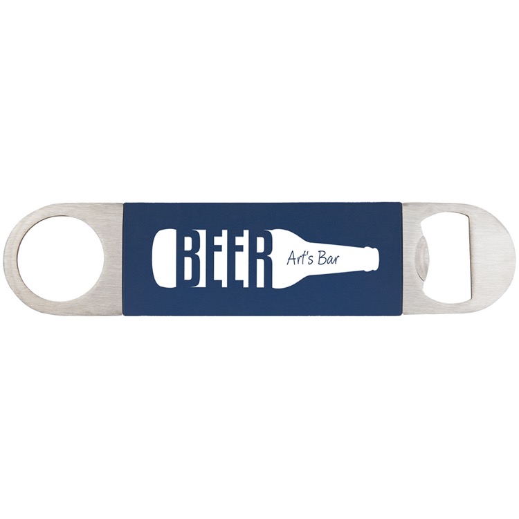1 1/2" x 7" Navy Blue/White Bottle Opener with Silicone Grip 2