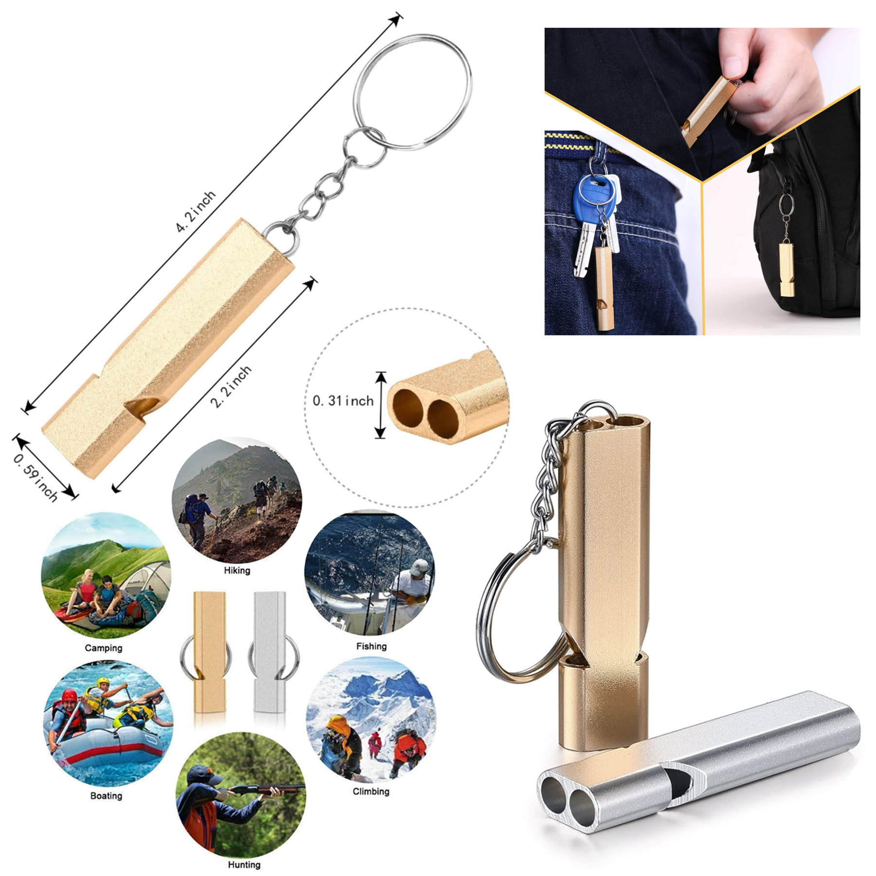 Double Tube High Frequency Metal Outdoor Survival Whistle 2