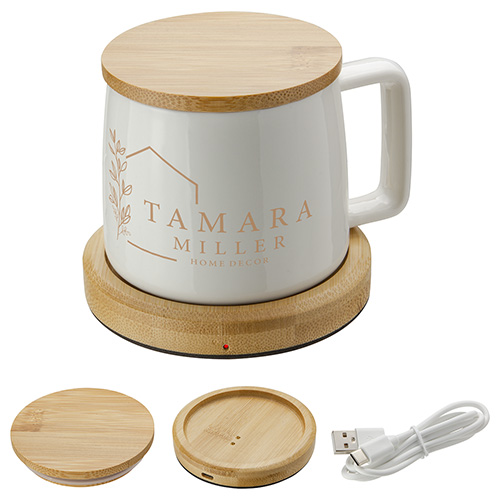 Bamboo Mug Warmer with 8 oz Ceramic Mug 12